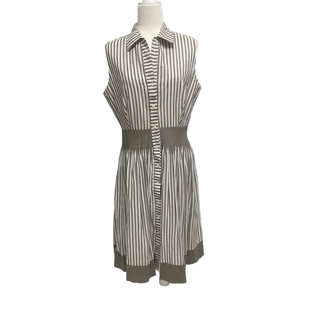 Madison Studio 12 Cotton Gray Stripe Sleeveless Fit & Flare Shirt Dress Lined